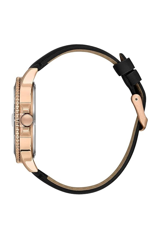 Side view of Daniel Klein Premium rose gold watch with black leather strap and buckle