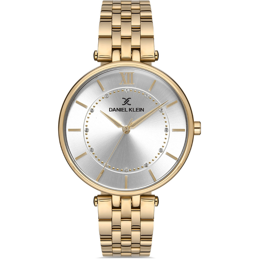 Daniel Klein women's watch angled view showing white dial, gold case and bracelet