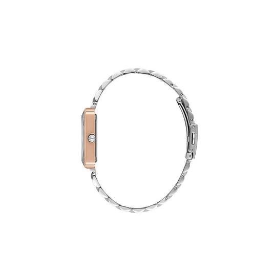 Side view of Daniel Klein rectangular watch with rose gold case and silver bracelet