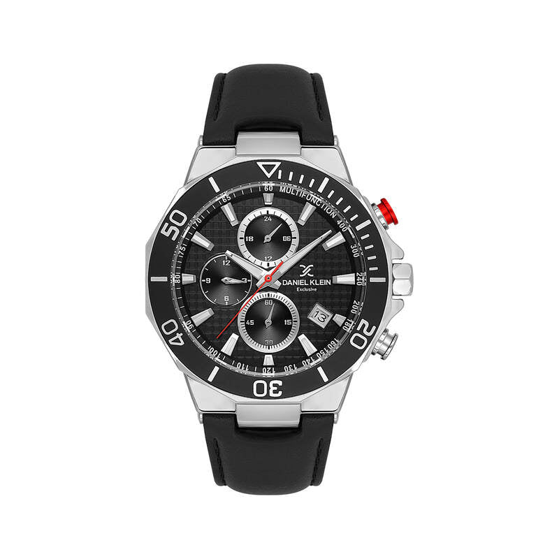 Daniel Klein Exclusive Multifunction Black Dial and Genuine Leathet Strap Silver Watch - DK.1.13841-1 Main image