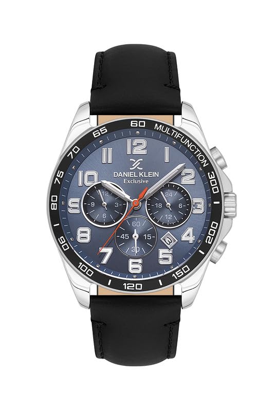 Daniel Klein Exclusive Chronograph Blue Dial Black Genuine Leather Silver Watch - DK.1.13843-3 Main image