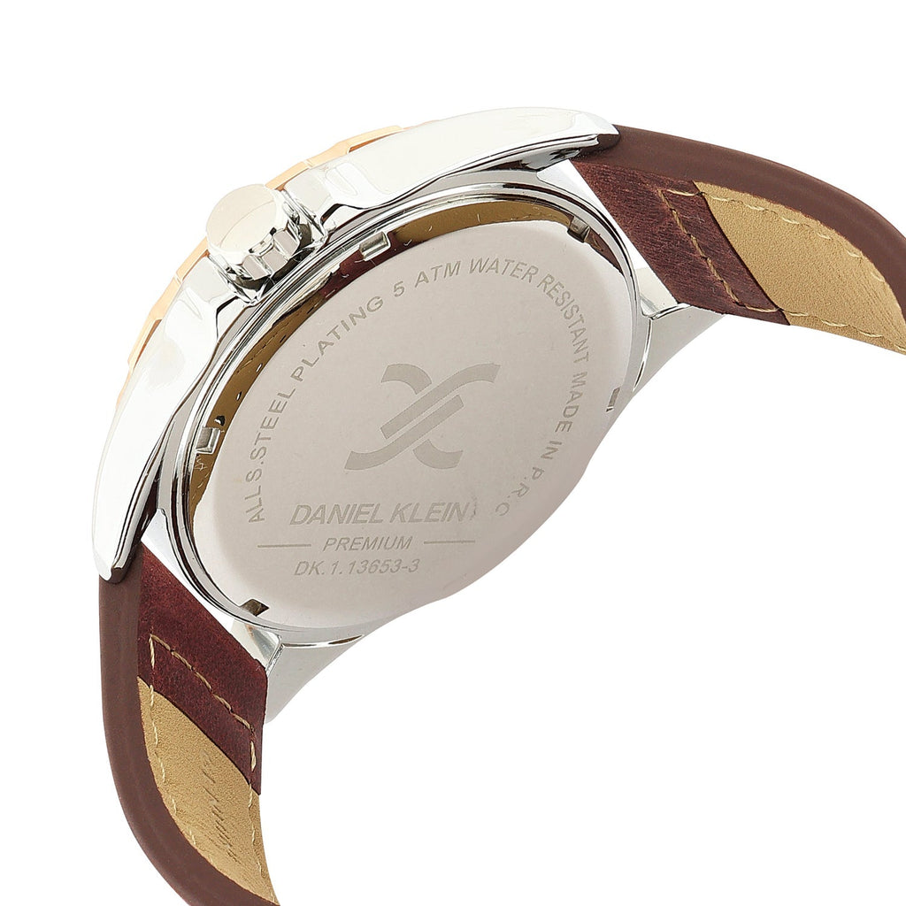 Daniel Klein Premium Date Window Grey Dial Brown Genuine Leather Strap Two Tone Watch - DK.1.13653-3
