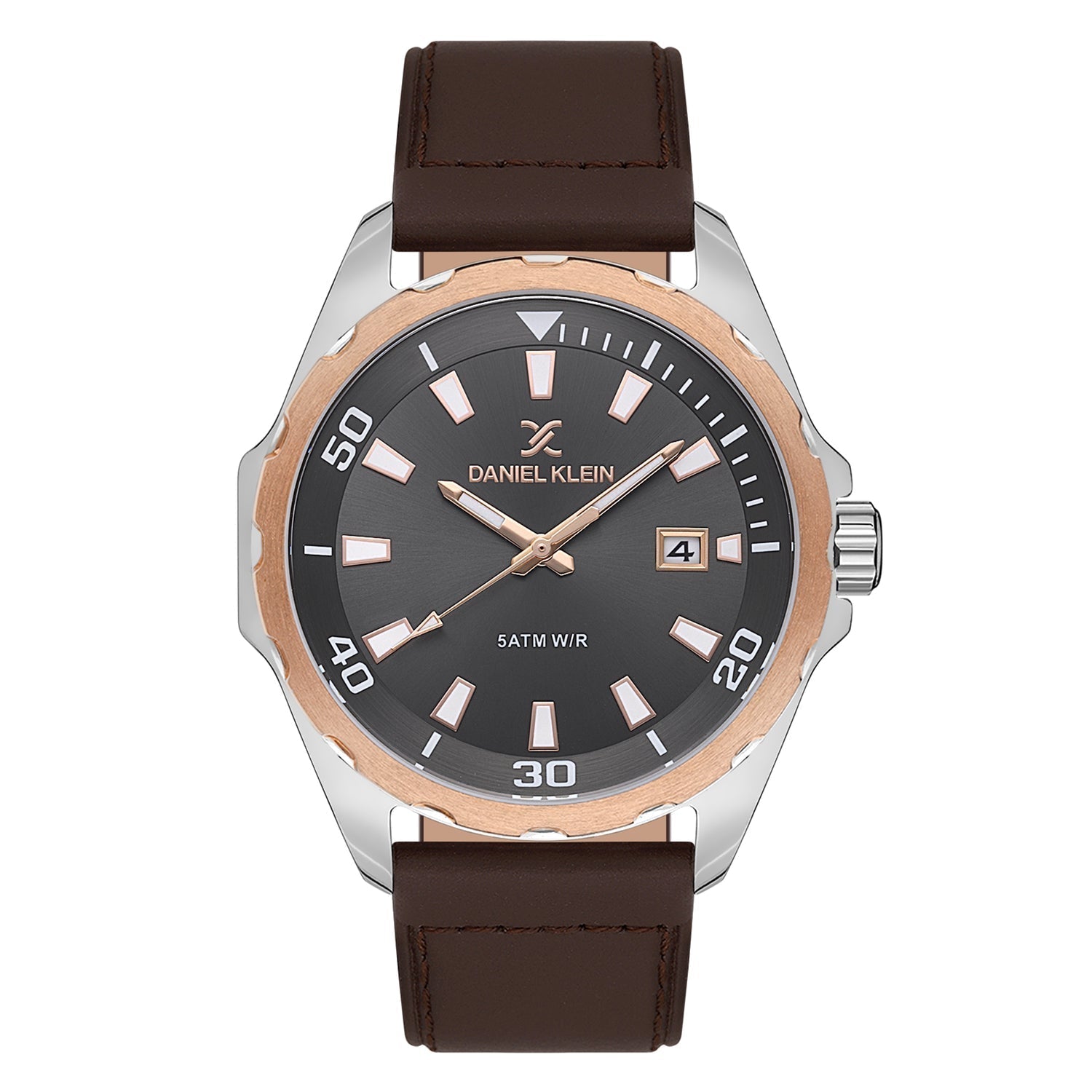 Daniel Klein Premium Date Window Grey Dial Brown Genuine Leather Strap Two Tone Watch - DK.1.13653-3 Main image