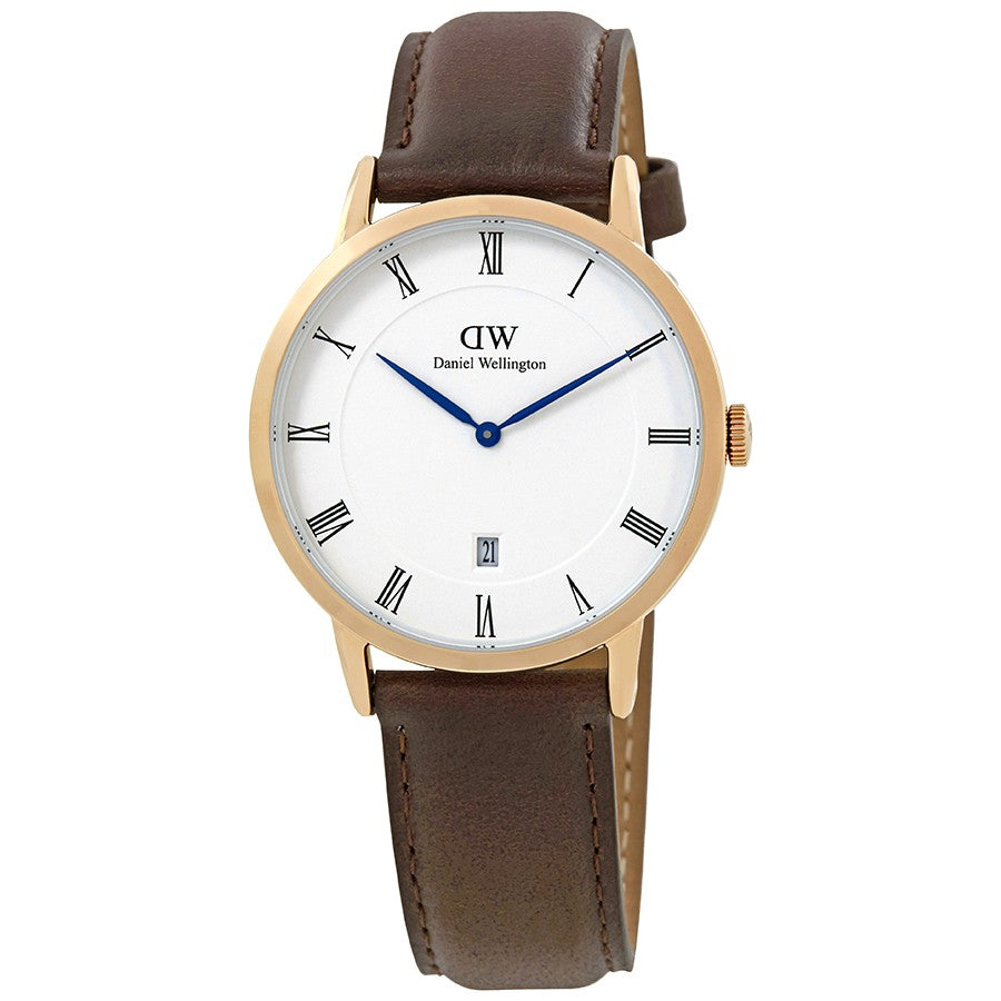 Daniel Wellington Dapper 38mm White Dial Brown Genuine Leather Gold Date Watch - DW00100086 Hoofdafbeelding
