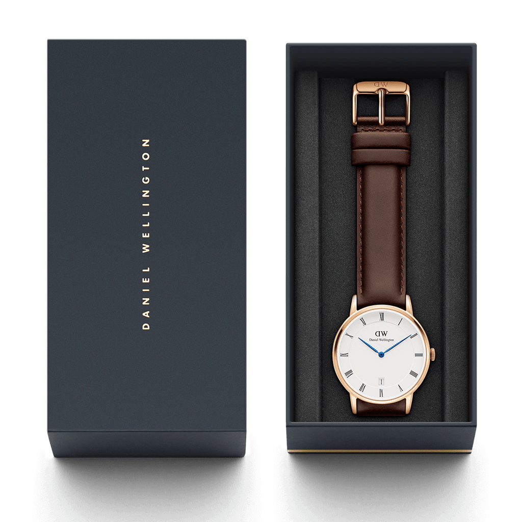 Daniel Wellington Dapper 38mm White Dial Brown Genuine Leather Gold Date Watch - DW00100086
