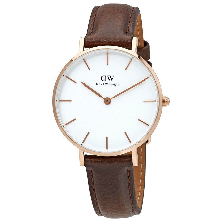 Daniel Wellington Petite Bristol 32mm White Dial Brown Genuine Leather Women's Watch - DW00100171 Hoofdafbeelding