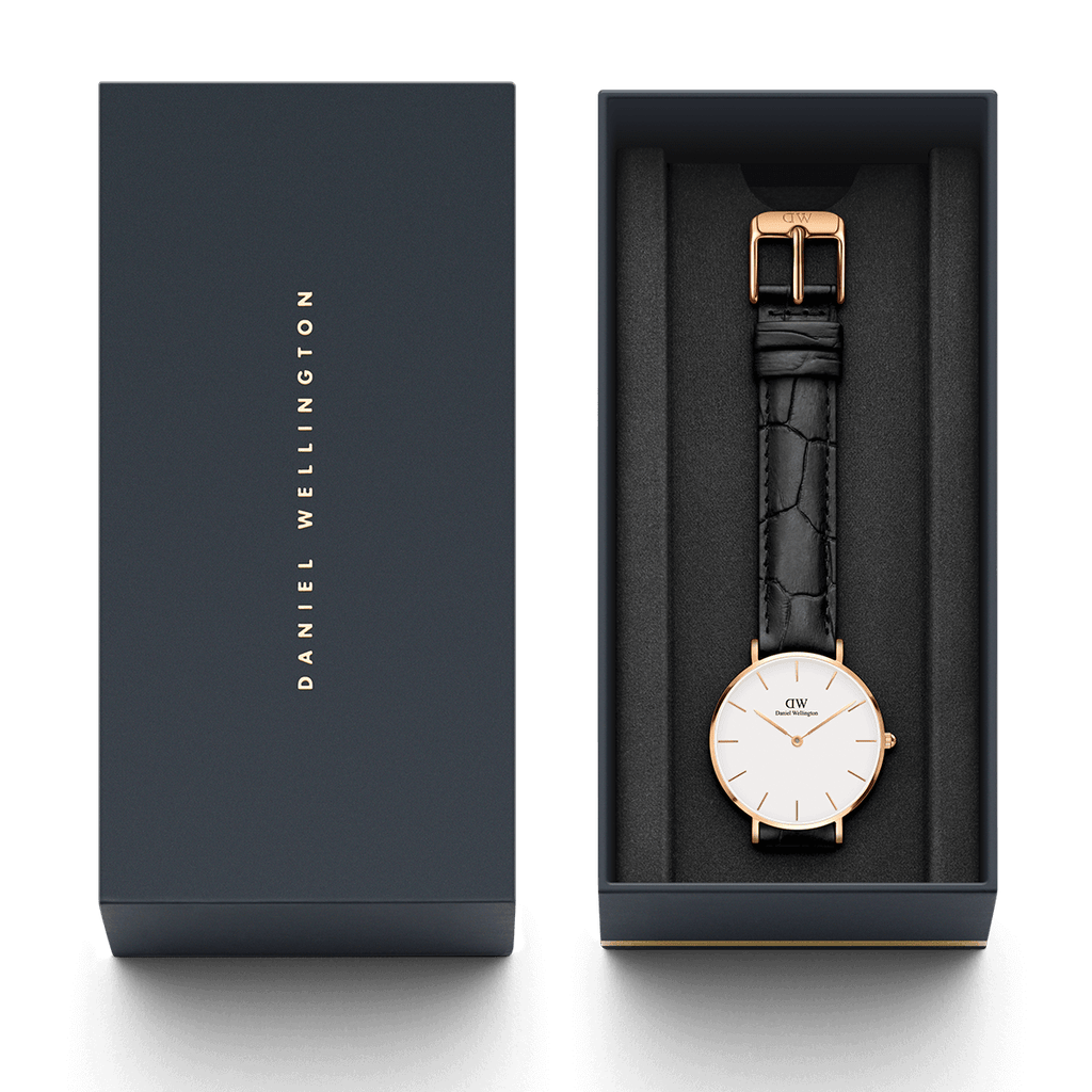 Daniel Wellington Reading 32mm White Dial Black Genuine Leather Women's Gold Watch - DW00100173