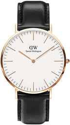 Daniel Wellington Reading 36mm White Dial Black Genuine Leather Gold Watch - DW00100041
