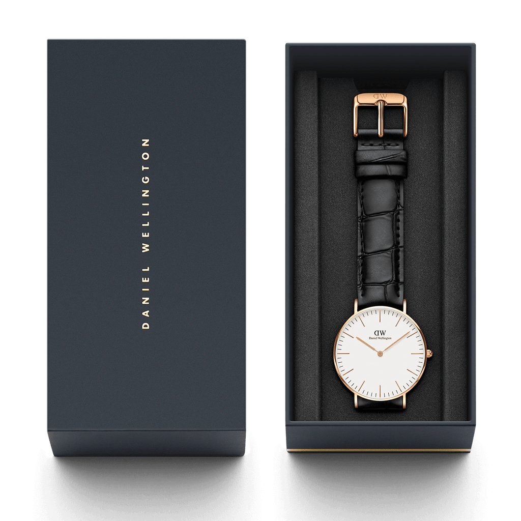 Daniel Wellington Reading 36mm White Dial Black Genuine Leather Gold Watch - DW00100041