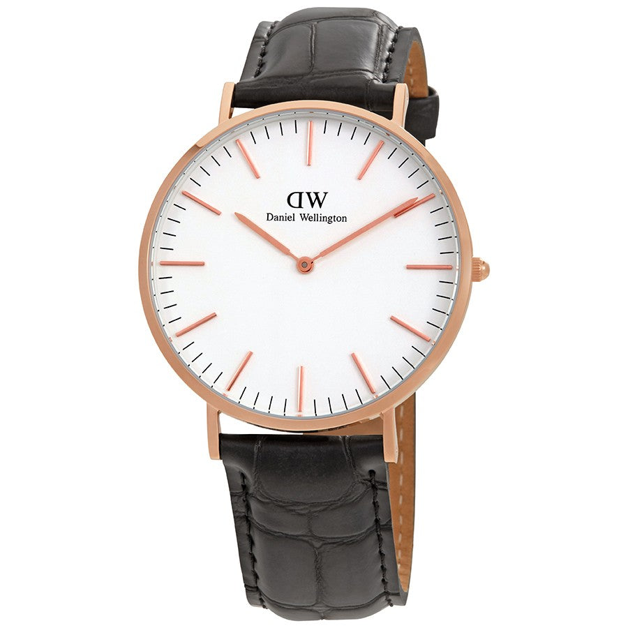 Daniel Wellington Reading 40mm White Dial Black Genuine Leather Gold Watch - DW00100014 Main image