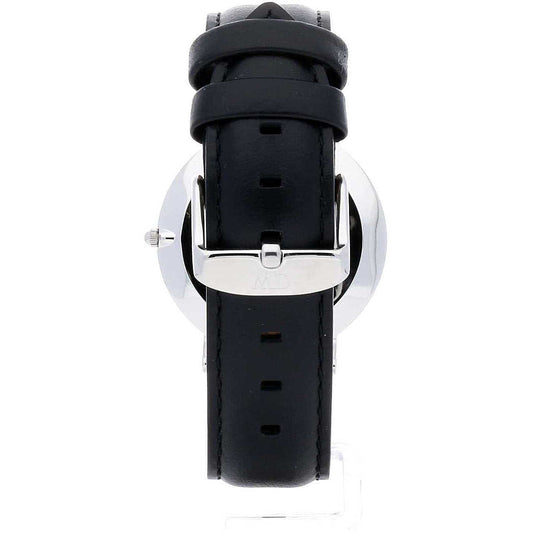 Rear view of Sheffield watch showing black leather strap and silver buckle