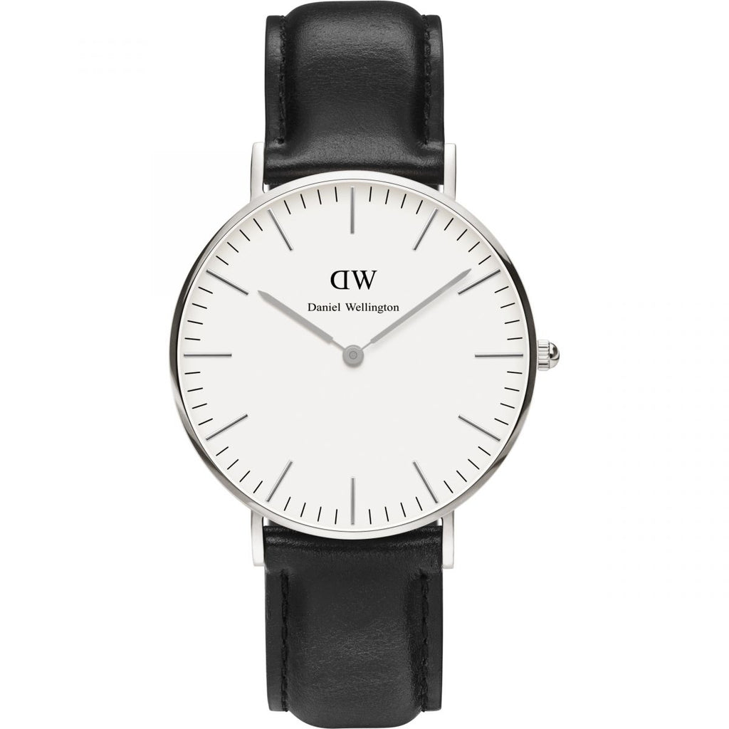 Daniel Wellington Sheffield 36mm White Dial Black Genuine Leather Silver Watch - DW00100053
