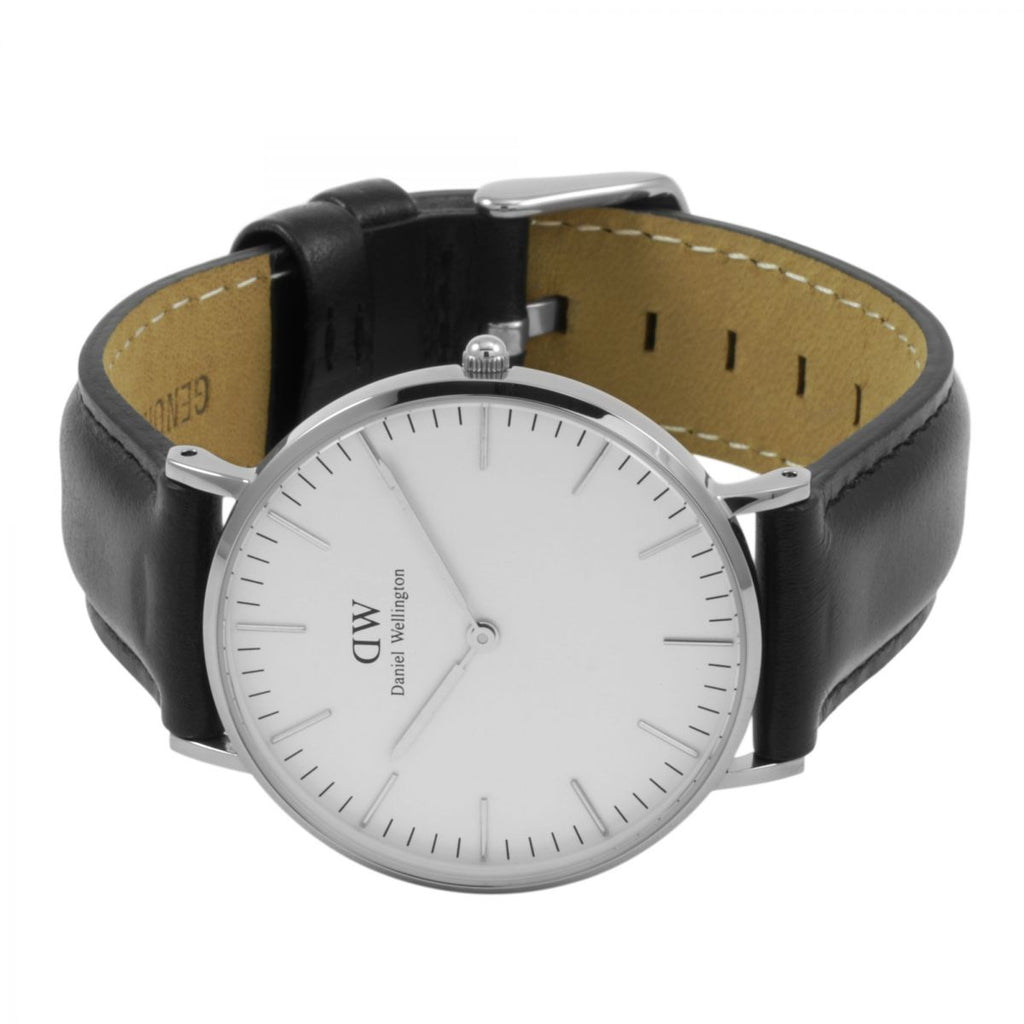 Daniel Wellington Sheffield 36mm White Dial Black Genuine Leather Silver Watch - DW00100053