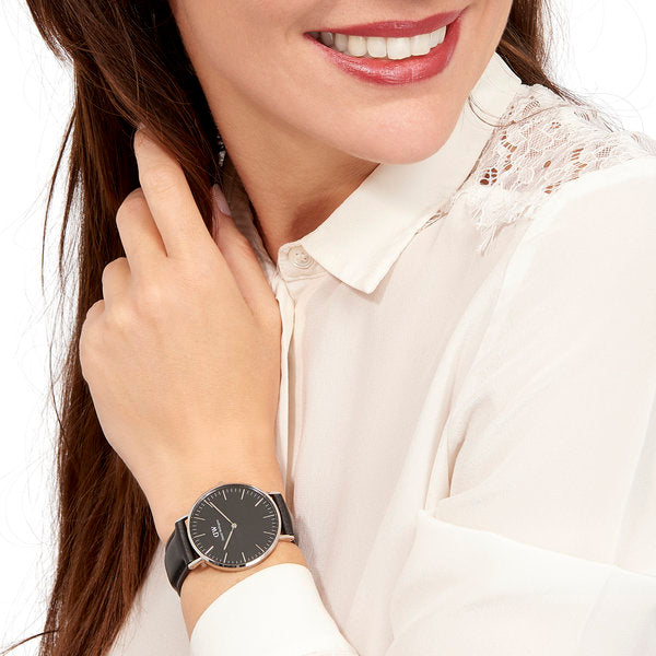 Daniel Wellington Sheffield 36mm Black Dial Silver-Tone Black Leather Women's Watch DW00100145