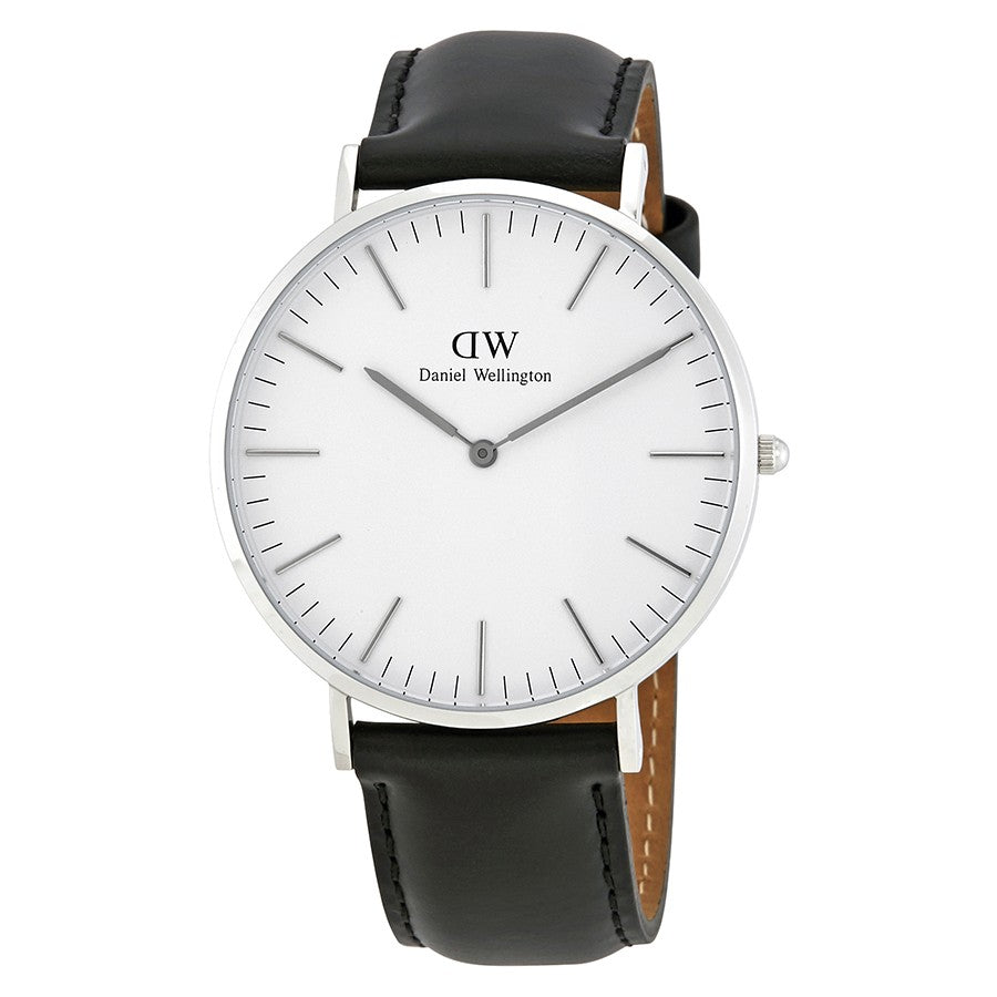 Daniel Wellington Sheffield 40mm White Dial Black Genuine Leather Men's Silver Watch - DW00100020 Main image
