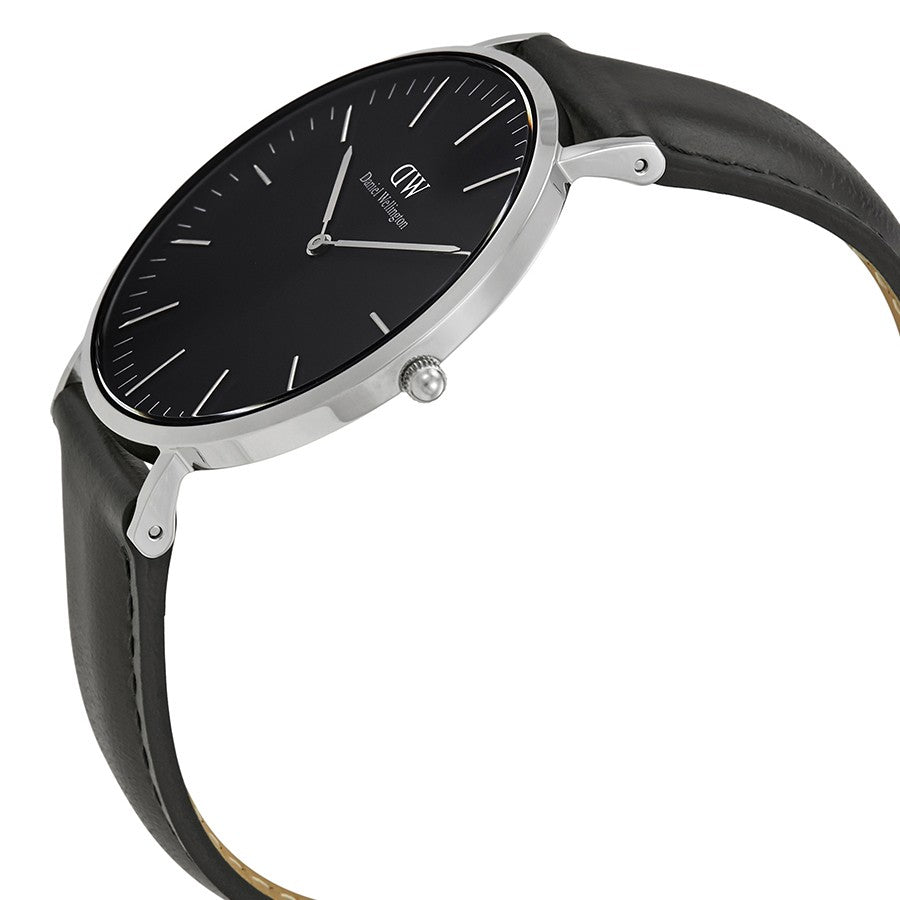 Daniel Wellington Sheffield 40mm Black Dial Genuine Leather Men's Silver Watch - DW00100133