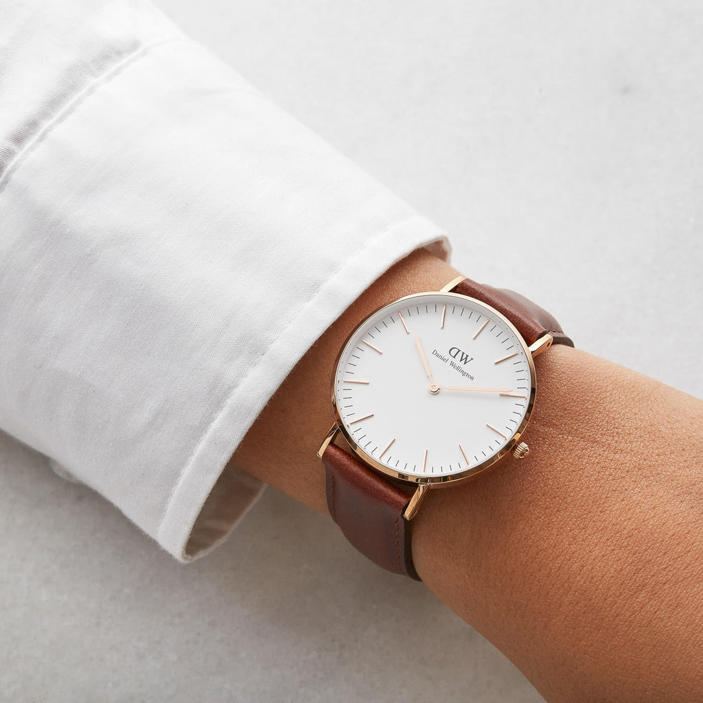 Daniel Wellington St Mawes 36mm White Dial Brown Genuine Leather Gold  Watch - DW00100187