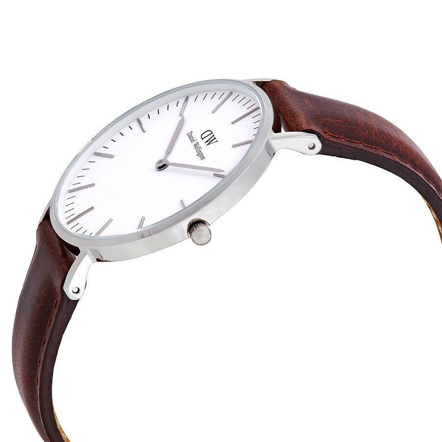 Daniel Wellington St Mawes 36mm White Dial Brown Genuine Leather Silver Watch - DW00100052