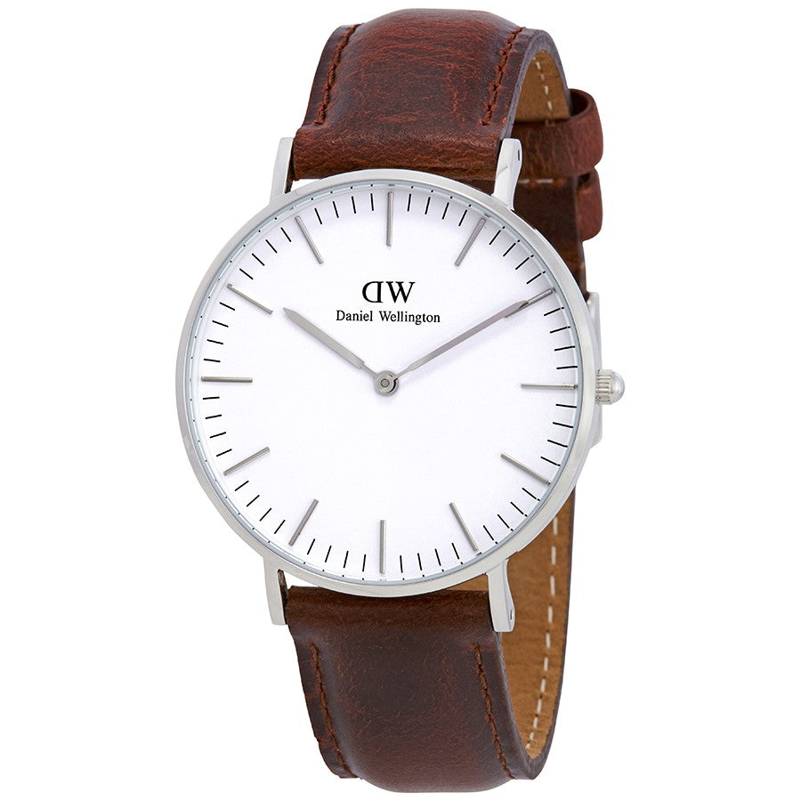 Daniel Wellington St Mawes 36mm White Dial Brown Genuine Leather Silver Watch - DW00100052 Hoofdafbeelding