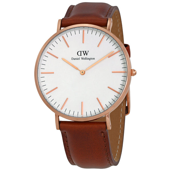 Daniel Wellington St Mawes 40mm White Dial Brown Genuine Leather Men's Gold Watch - DW00100006