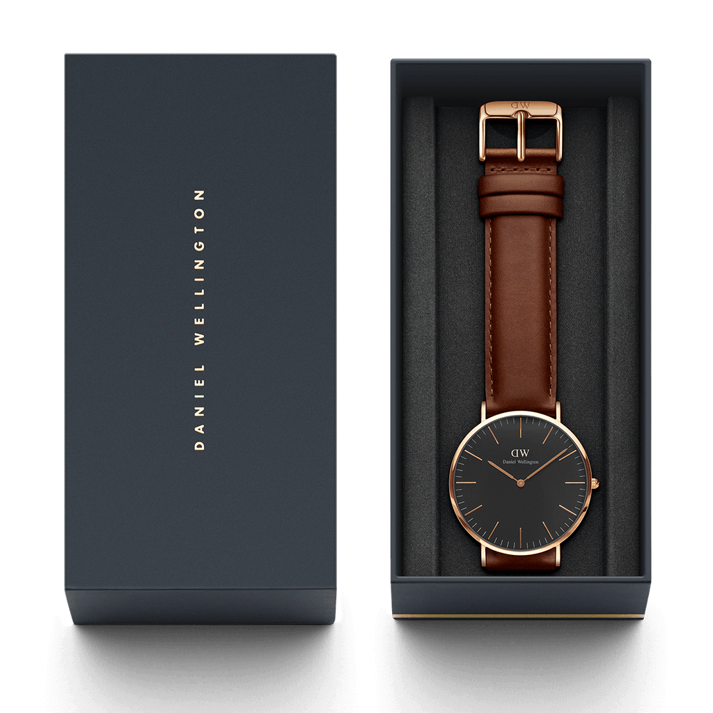Daniel Wellington St Mawes 40mm Black Dial Brown Genuine Leather Men's Gold Watch - DW00100124