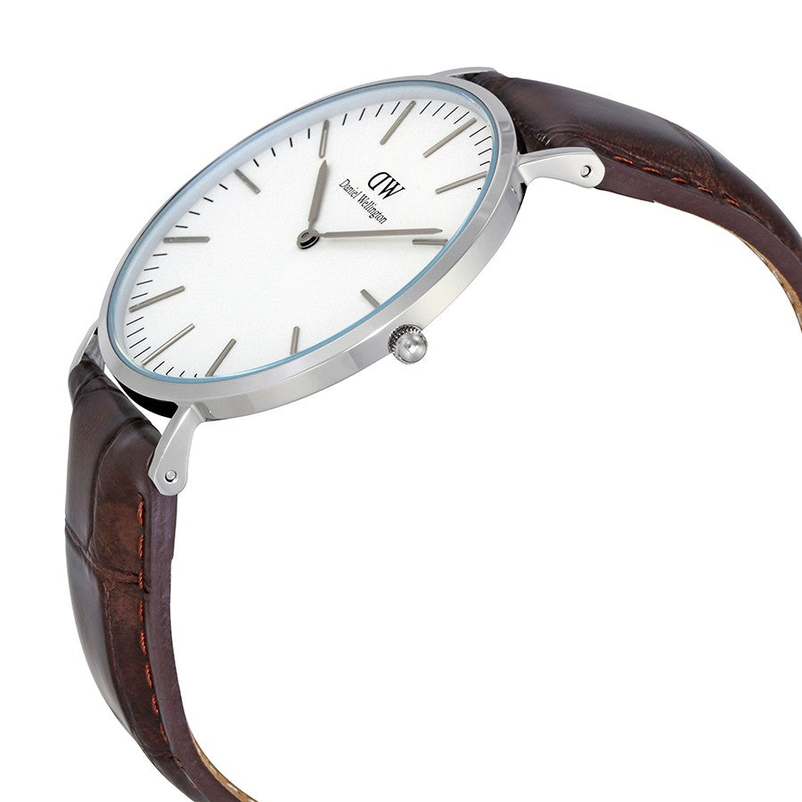 Daniel Wellington York 40mm White Dial Dark Brown Genuine Leather Men's Silver Watch - DW00100025