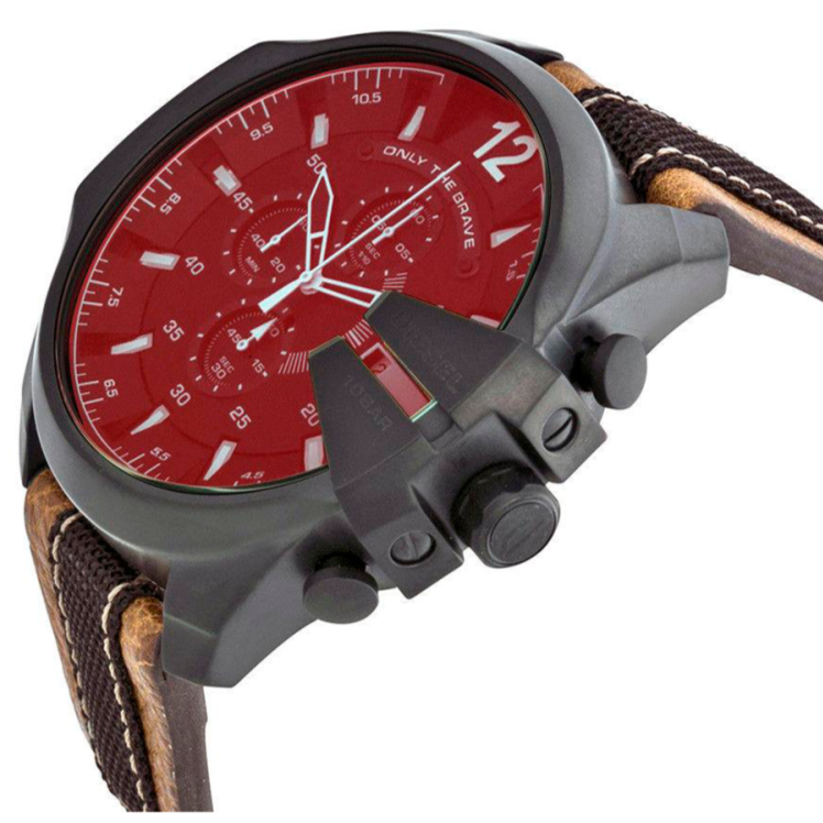 Diesel Mega Chief Chronograph Iridescent Red Dial Brown Leather Watch DZ4305