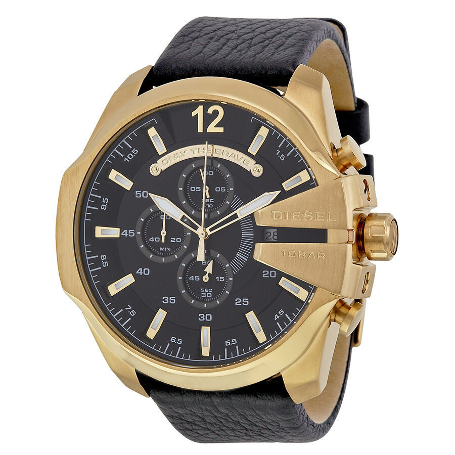 Diesel Mega Chief Gold Case Black Dial Genuine Leather Men's Watch DZ4344 Hoofdafbeelding