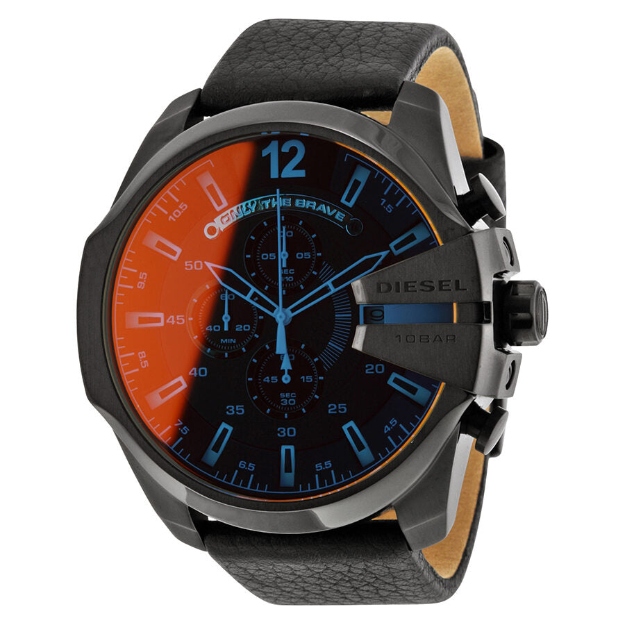 Diesel Mega Chief Chronograph Black Dial Genuine Leather Men's Watch DZ4323