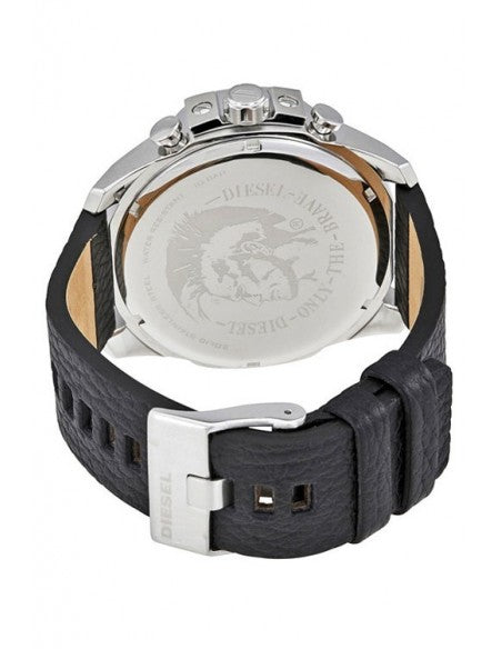 Diesel Mega Chief Blue Dial Black Leather Chronograph Watch DZ4423