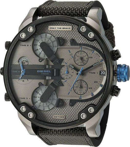 Diesel Mr. Daddy 2.0 chronograph watch with gray dial, multiple subdials, blue hands, and black fabric strap