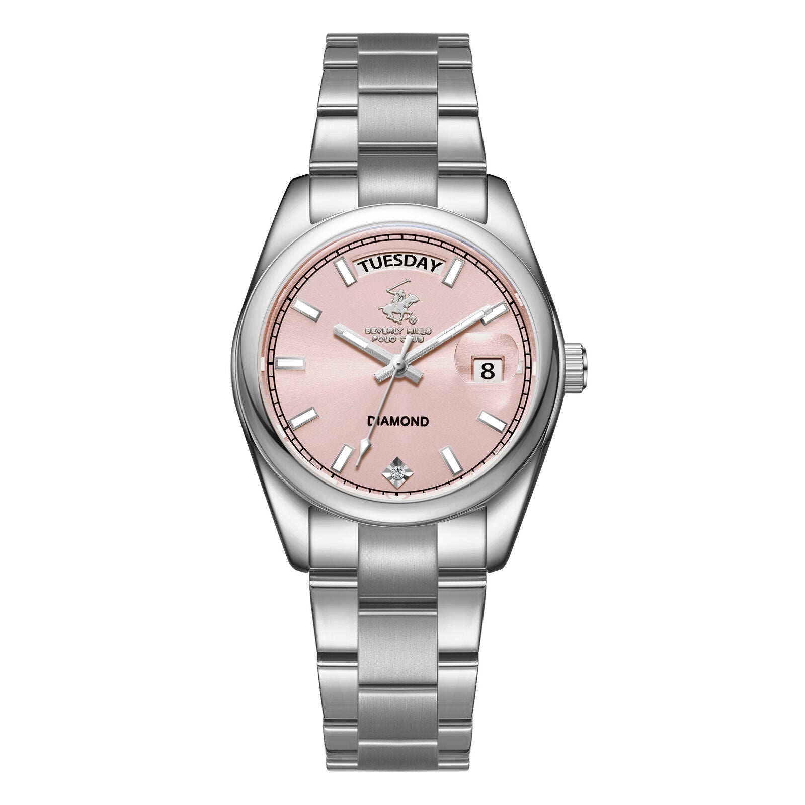 Beverly Hills Polo Club Pink Dial Day-Date Silver Diamond Watch BP3709X.381 Main image
