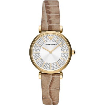Emporio Armani Gianni T-Bar Pave Dial Brown Genuine Leather Women's Watch - AR11518 Hoofdafbeelding