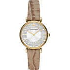 Emporio Armani Gianni T-Bar Pave Dial Brown Genuine Leather Women's Watch - AR11518