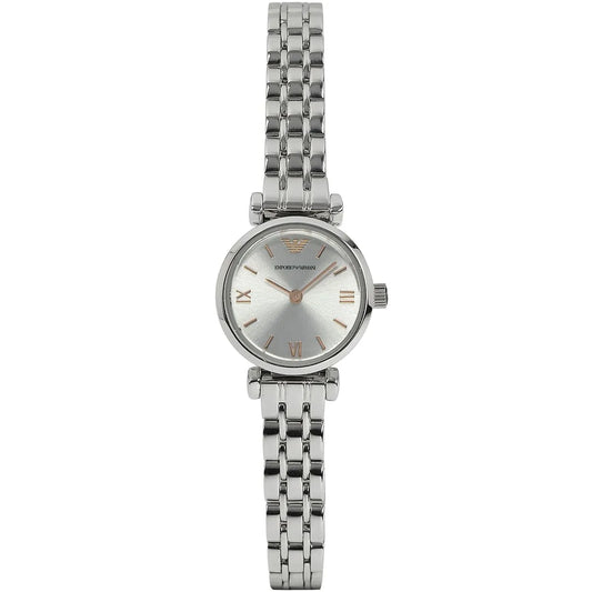 Emporio Armani Gianni T-Bar Mini women's watch worn on wrist showing silver dial
