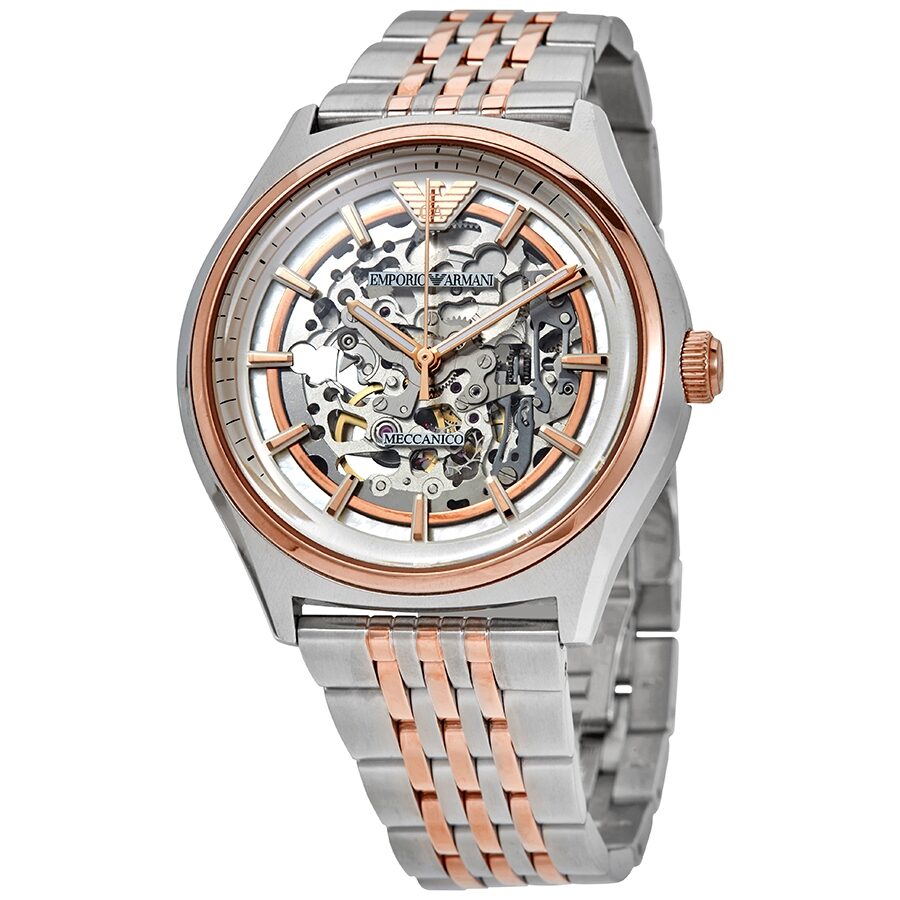 Emporio Armani Meccanico Automatisch Herenhorloge met Skeleton Wijzerplaat en Tweekleurige Kast AR60002 Hoofdafbeelding