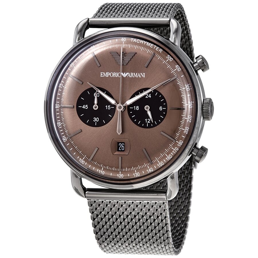 Emporio Armani Aviator Chronograph Brown Dial Silver Mesh Men's Watch - AR11141 Hoofdafbeelding