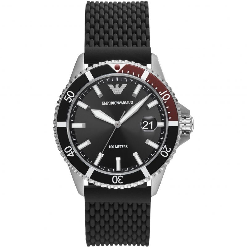 Emporio Armani Diver herenhorloge met drie wijzers, zwarte siliconen band - AR11341 Hoofdafbeelding