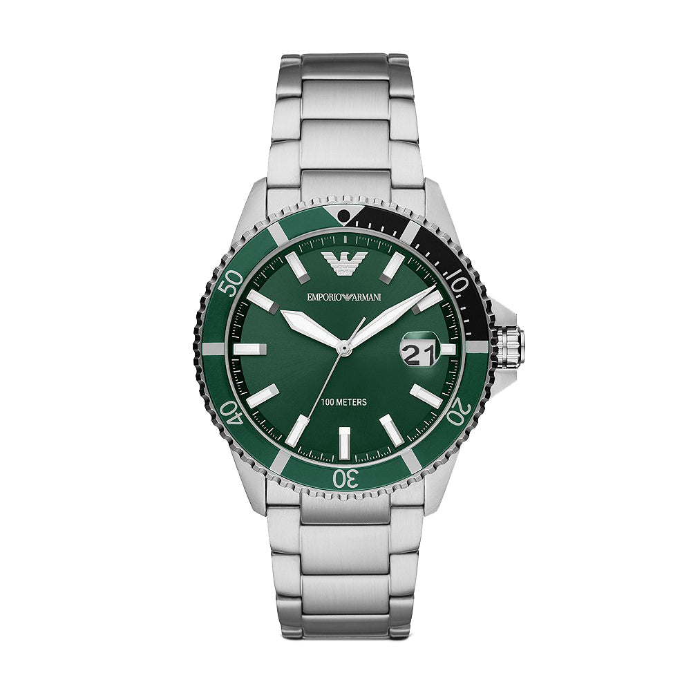 Emporio Armani Diver Three-Hand Date Green Dial Silver Men's Watch - AR11338 Hoofdafbeelding