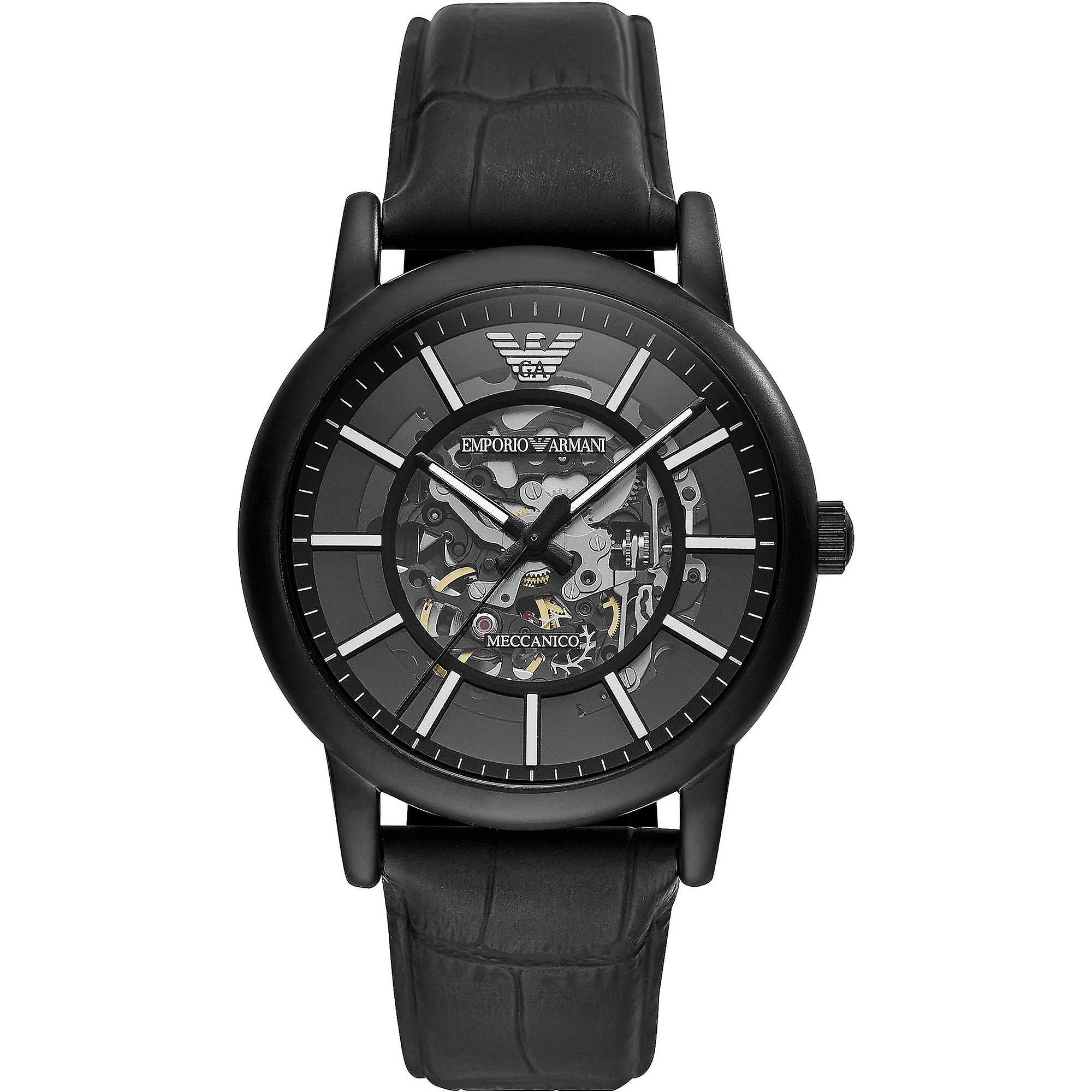 Emporio Armani Luigi Automatisch Herenhorloge met Zwarte Lederen Band AR60008 Hoofdafbeelding