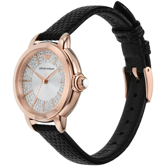 Side view of Emporio Armani Mia AR11631 rose gold case with black textured leather strap
