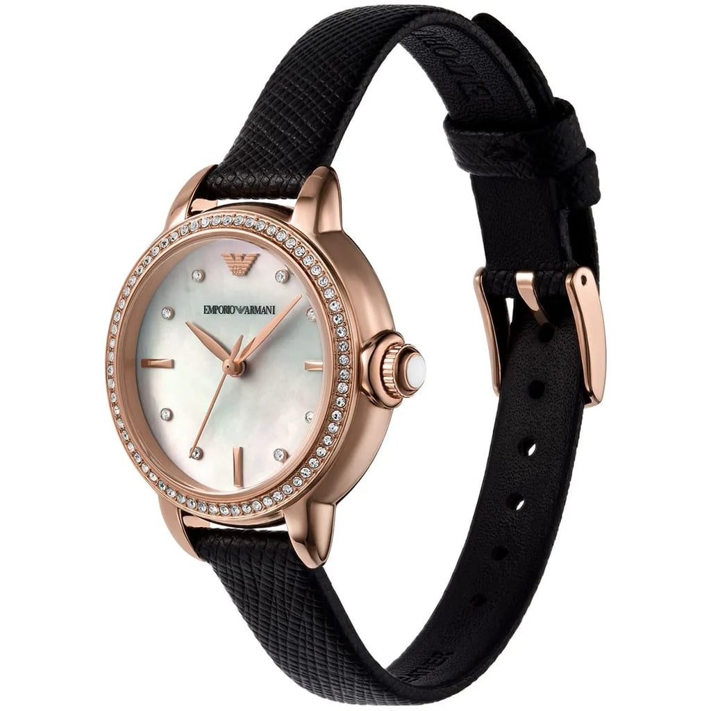 Emporio Armani Rosa MOP Dial Black Genuine Leather Women's Watch - AR11598