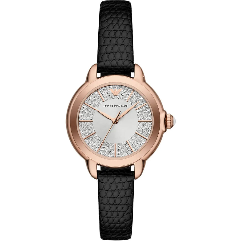 Emporio Armani Mia Rose Gold Black Genuine Leather Women's Watch - AR11631