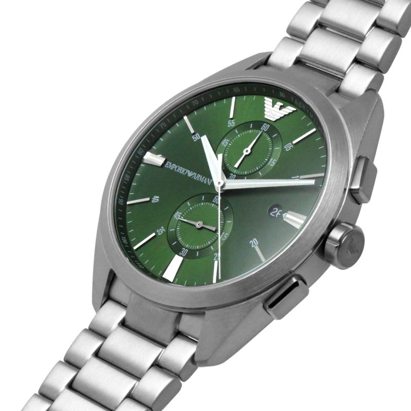 Emporio Armani zilveren chronograaf herenhorloge met groene wijzerplaat AR11480 Secundaire afbeelding
