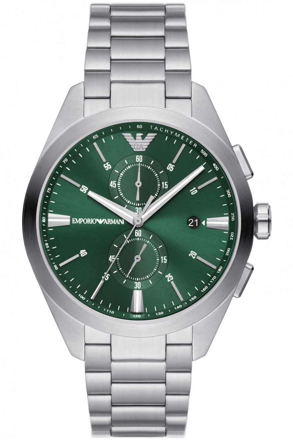 Emporio Armani zilveren chronograaf herenhorloge met groene wijzerplaat AR11480 Hoofdafbeelding