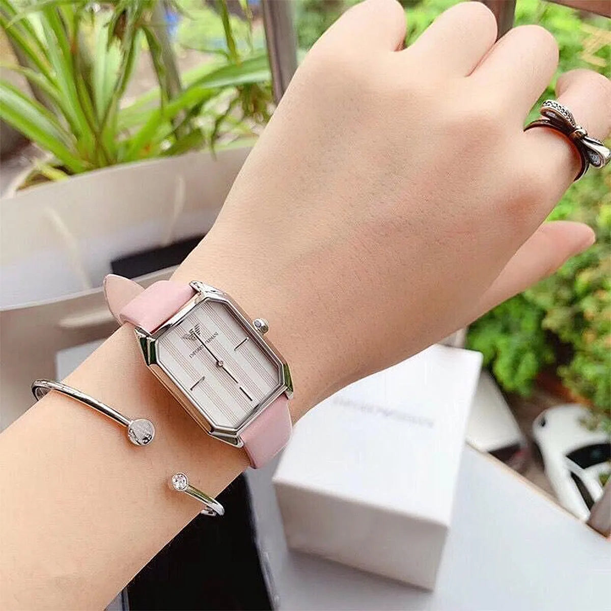 Emporio Armani Classic Rectangle Pink Genuine Leather Women's Watch - AR11207