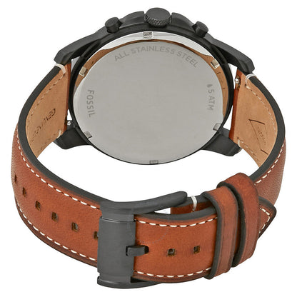 Fossil Grant watch caseback showing stainless steel case with engraved text and brown leather strap
