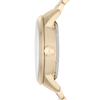 Fossil ME1137 side profile showing thin case design and gold tone metal band