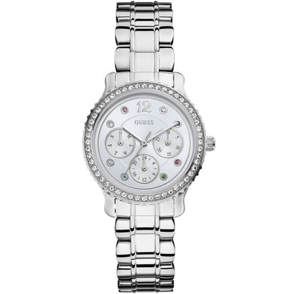 Guess Enchanting silver women's watch angled view with bracelet strap