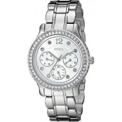 Guess Enchanting silver women's watch with crystal bezel and three subdials